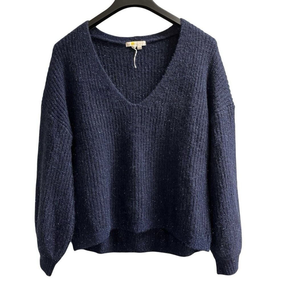 Boden Sweater Navy Blue Metallic Ribbed V-Neck Alpaca Wool Blend Size US6